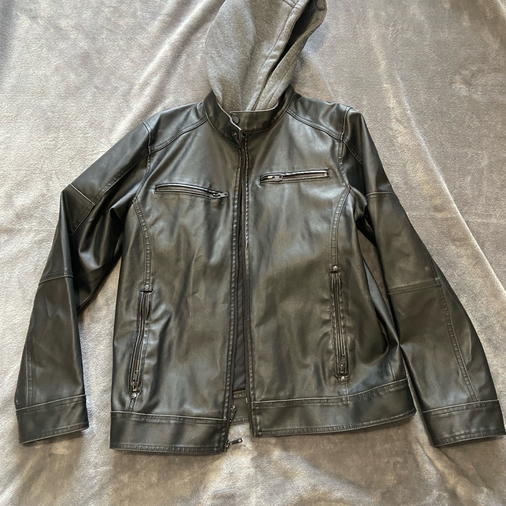 Black Rivet Leather Jacket with Hood